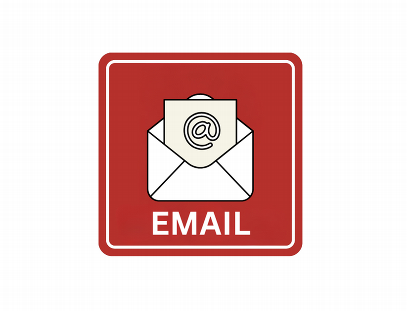 Red curved edge square with email icon and "Email" written below