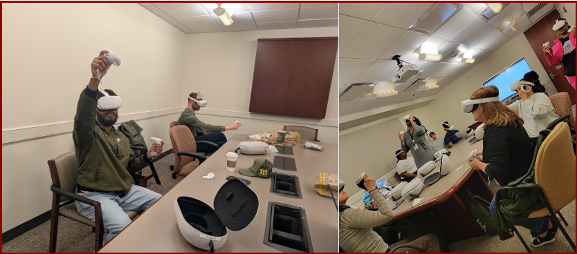  A group of people wearing virtual reality headsets in a meeting room, engaged in a collaborative discussion.