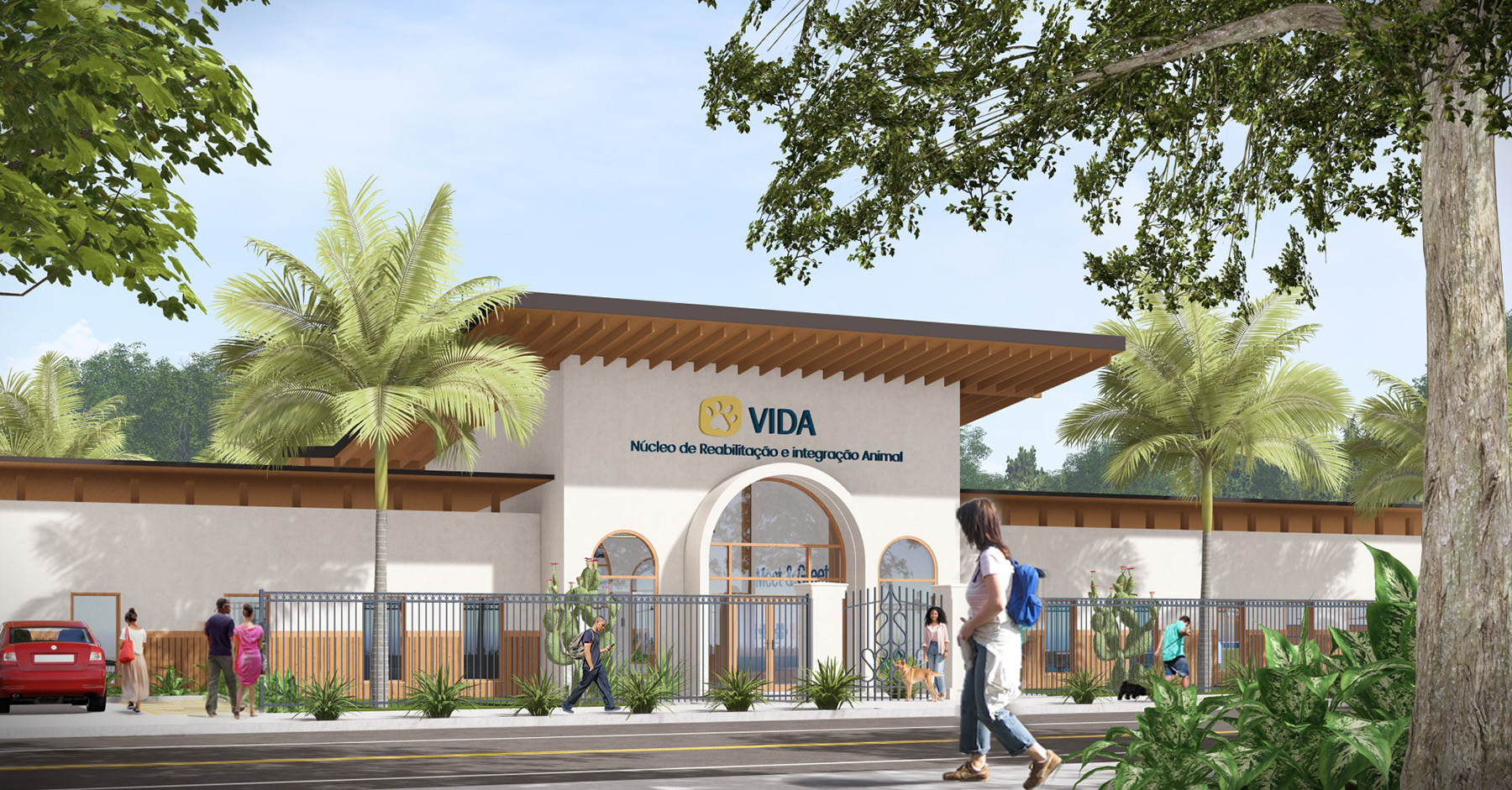 Architectural rendering of the exterior of a space for stray dogs in Brazil.