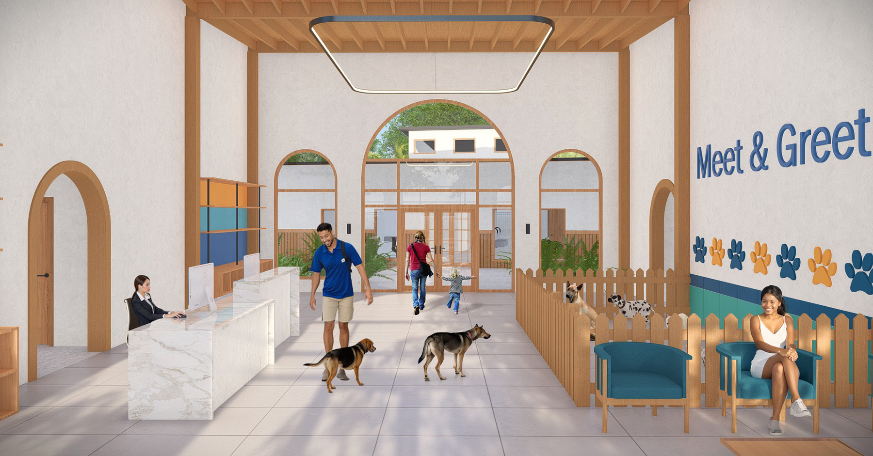 Architectural rendering of the interior visiting space for stray dogs in Brazil.