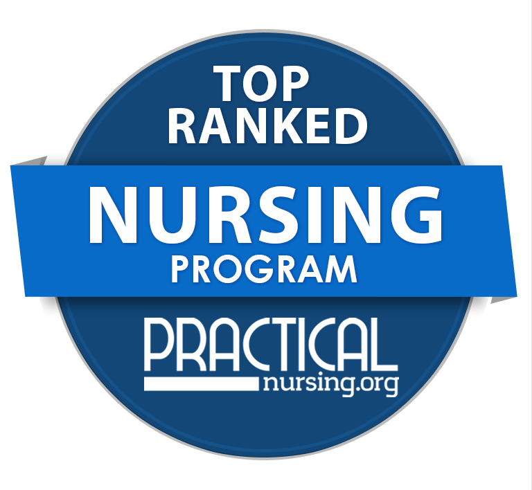 Blue circular badge reading “Top Ranked Nursing Program” with the PracticalNursing.org logo.