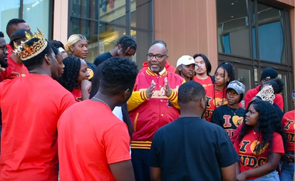 President Edington speaking to a group of students