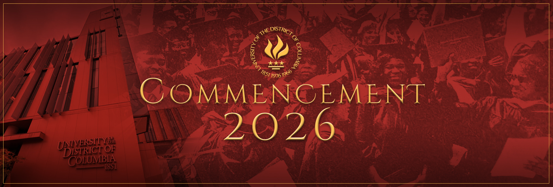 UDC Commencement 2026 banner image in red with an overlay of graduating students.
