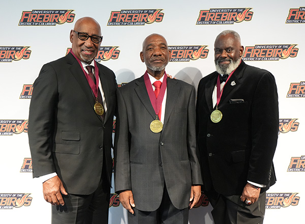 Three senior men wearing medallions and business suits