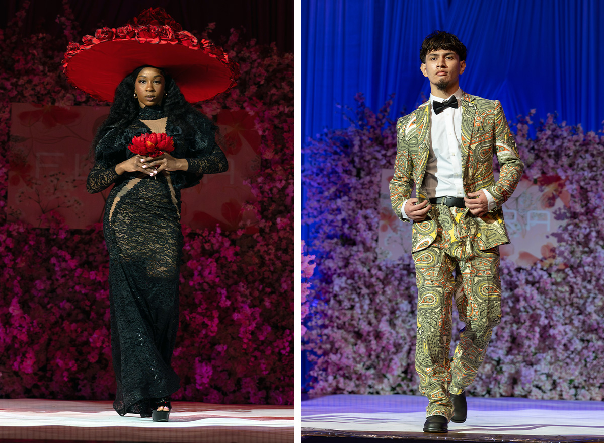 Split image of two people performing in a fashion show