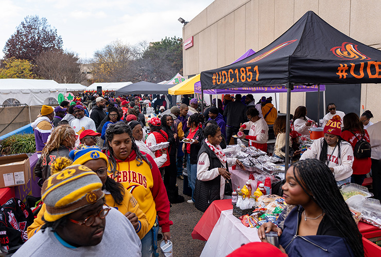 A crowd of people at UDC's Greek row