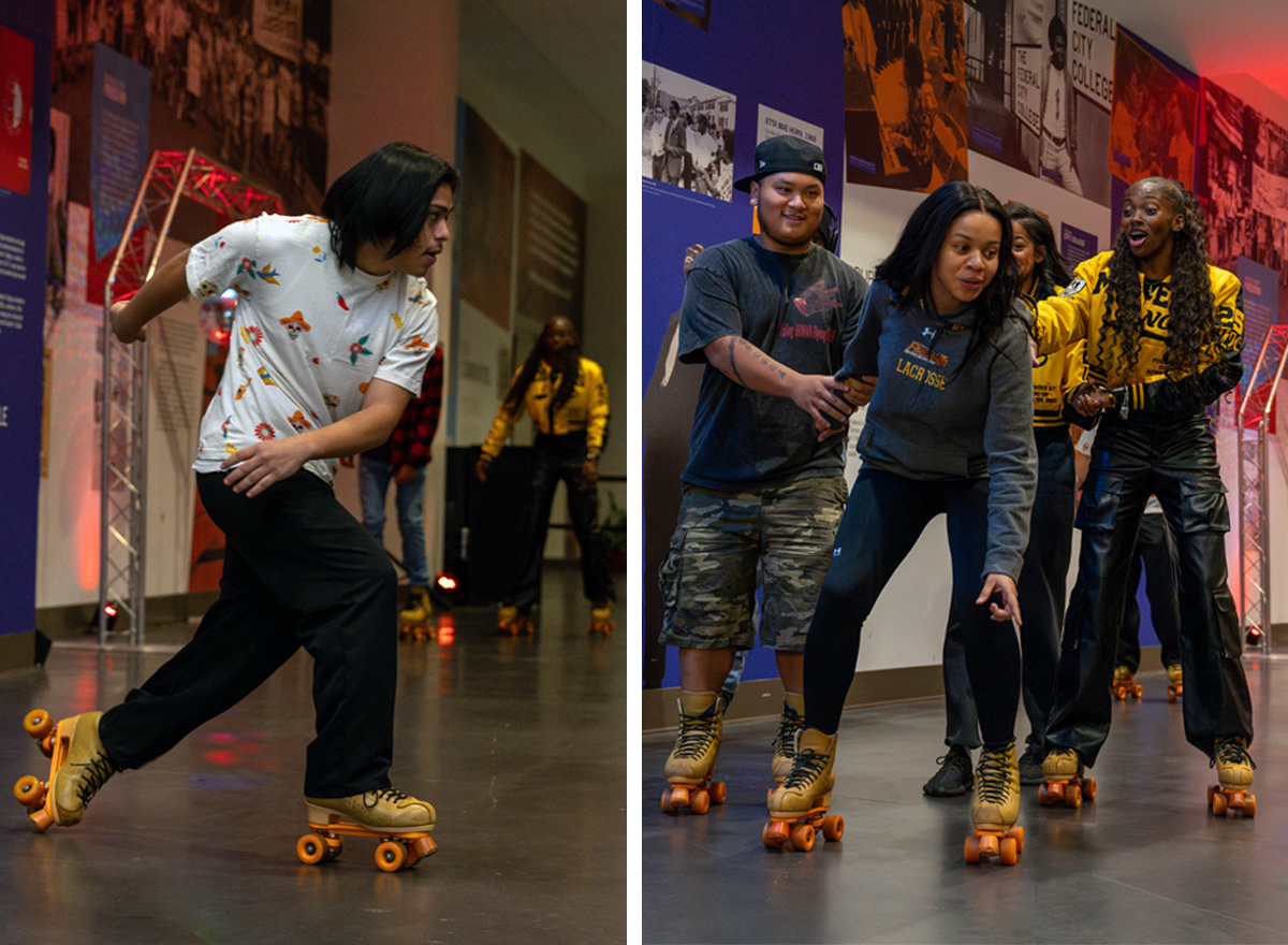Split image of college students roller skating