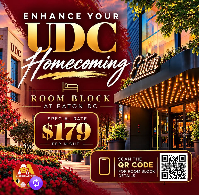 Promotional flyer for UDC Homecoming at the Eaton DC, advertising a room block special rate of $179 per night and including a QR code for details.