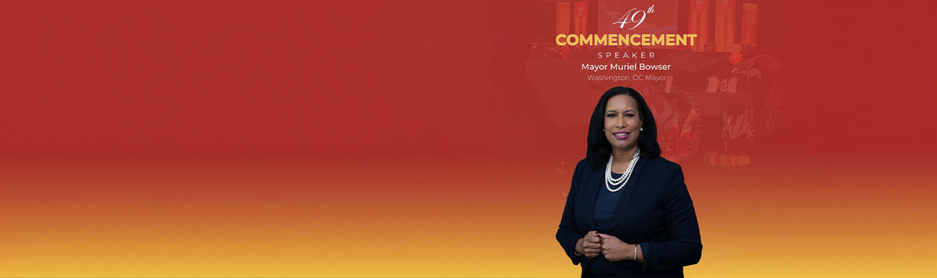 gradient in red and yellow with a picture of Mayor Muriel Bowser