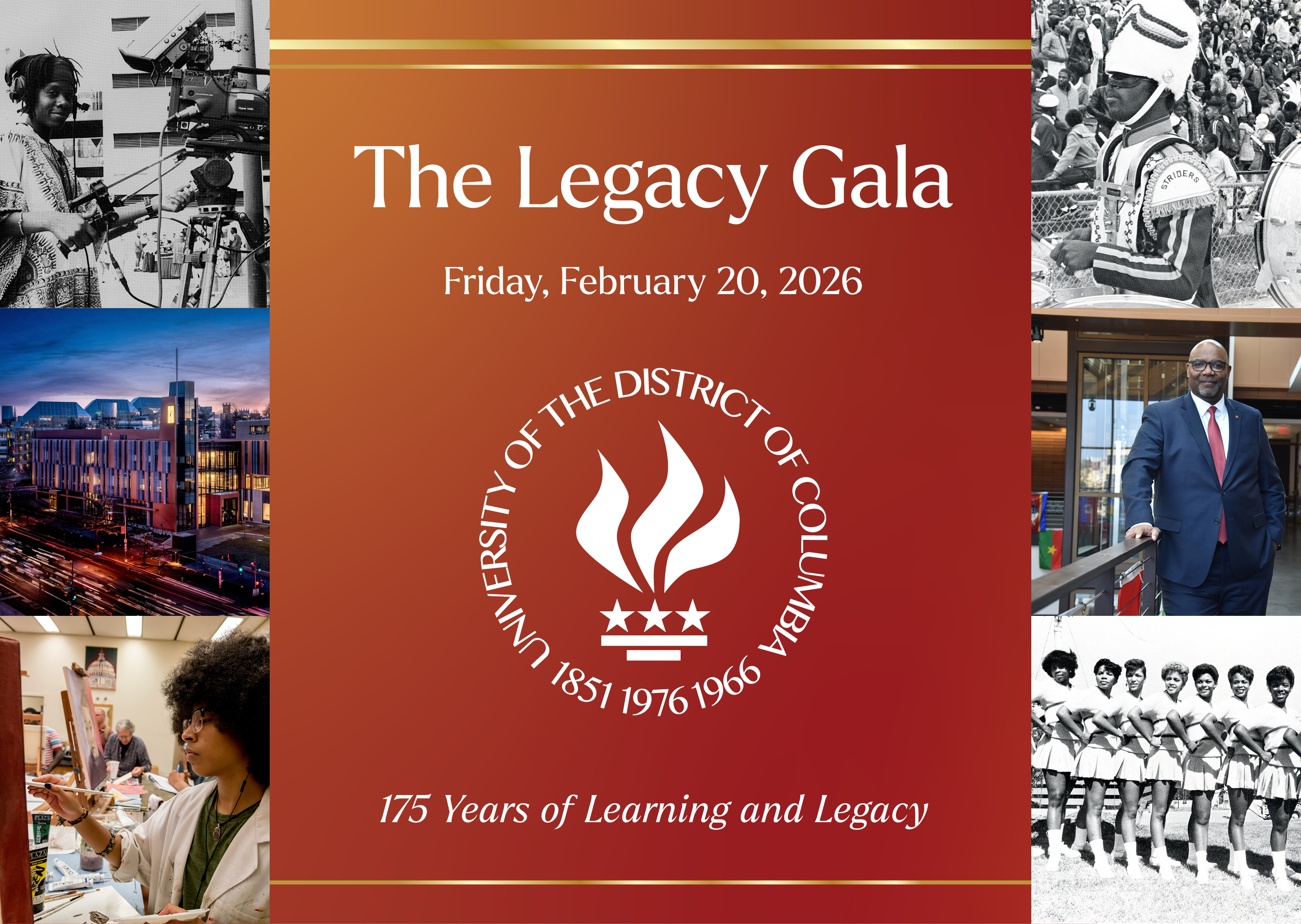 The Legacy Gala graphic in red with archival photos from the university's history