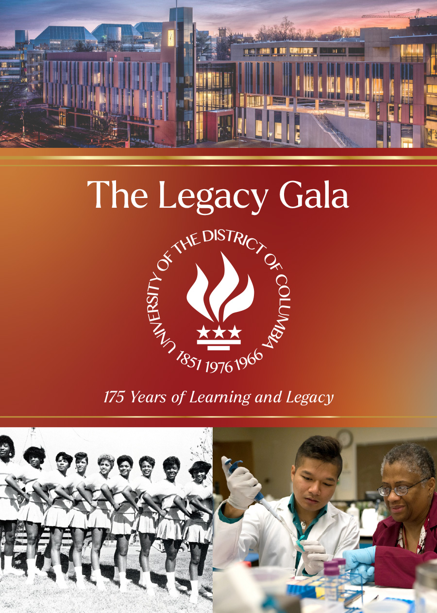 Promotional flyer for the University of the District of Columbia's Founders' Day 2026 Celebration, featuring event details and a collage of images highlighting the university's history and community impact.