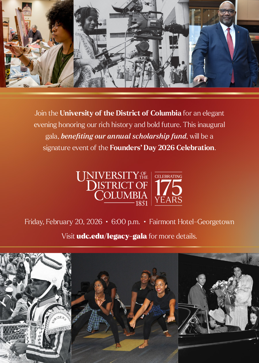 Promotional flyer for the University of the District of Columbia's Founders' Day 2026 Celebration, featuring event details and a collage of images highlighting the university's history and community impact.