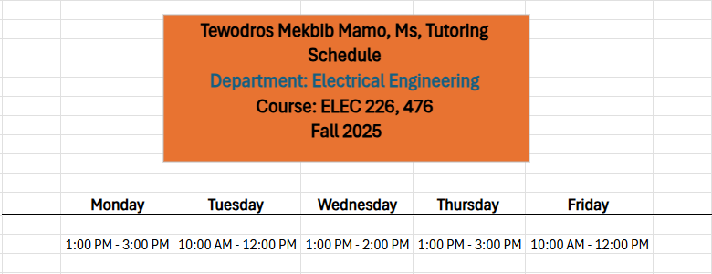 Tewodros Mamo's tutor schedule