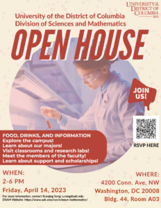 Spring 2023 Open House Friday, April 14, 2023 2:00pm - 6:00pm 4200 Connecticut Ave, NW Building 44, Room A03 Washington, DC 20008