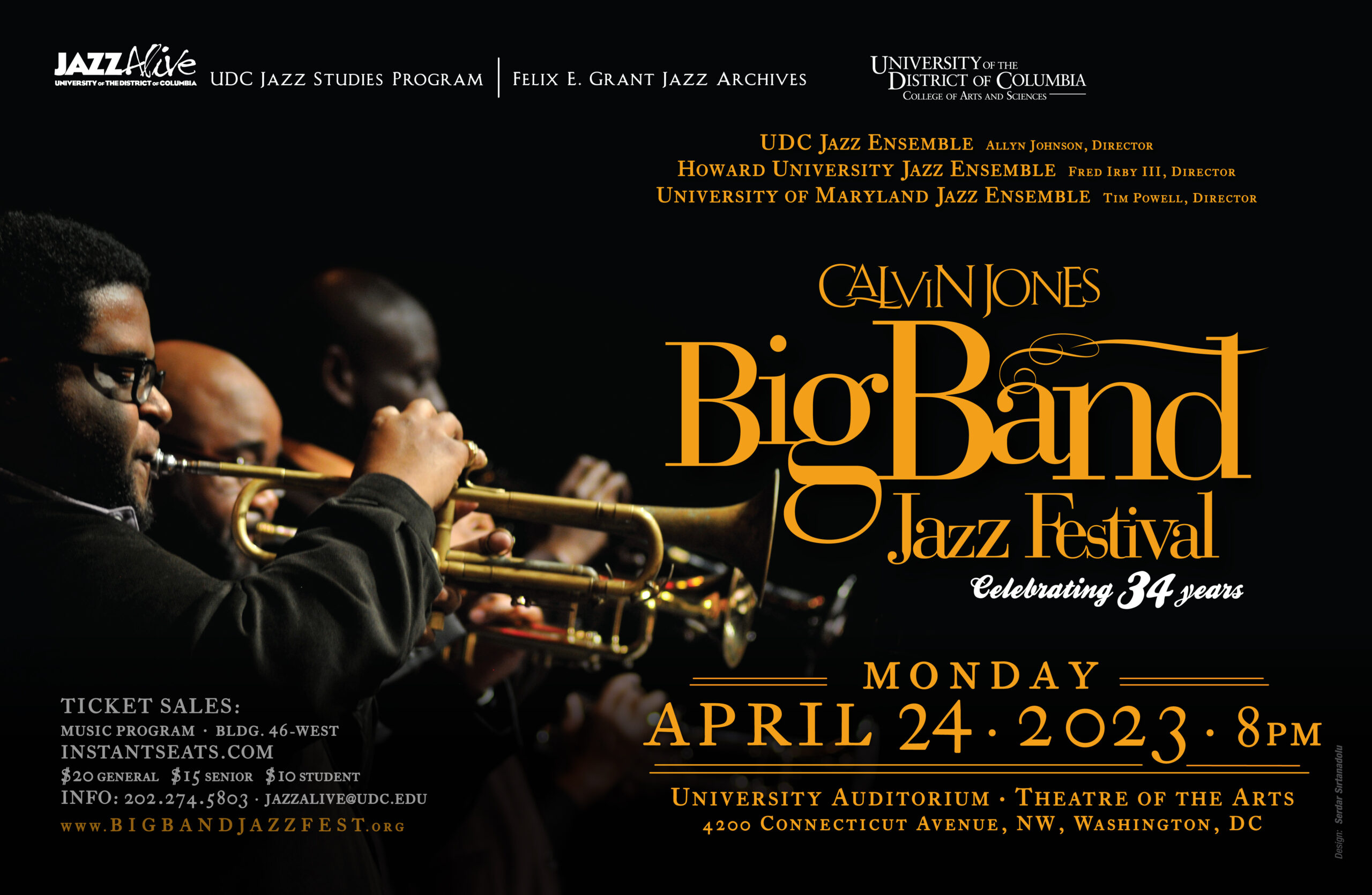 Calvin Jones BIG BAND Jazz Festival. Monday, April 24, 2023, 8:00pm, Open to the Public. Theater of the Arts (46-East). bigbandjazzfest.org The BIG BAND sound makes a long-awaited return as the powerhouse jazz ensembles from the University of the District of Columbia (dir. Allyn Johnson), Howard University (dir. Fred Irby III) and the University of Maryland (dir. Tim Powell) cap off Jazz Appreciation Month and honor the late musician and educator, Dr. Leroy Barton Jr. (Scholarship Benefit Series) Tickets: $20, $15-seniors, $10-students. Advance sales: UDC Music Program, Bldg. 46-W or online at InstantSeats.com. Visit: www.bigbandjazzfest.org.