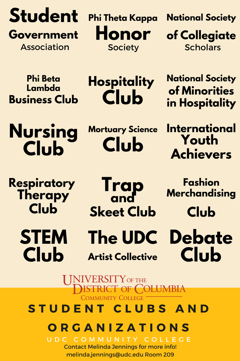 Lists the following information about clubs: student government, phi theta kappa, national society of collegiate scholars, phi beta lambda, hospitality club, national society of minorities in hospitality, nursing club, trap and skeet club, the UDC artist collective, STEM club, debate club, International youth achievers. fashion merchandising club, respiratory therapy club, and mortuary science club.