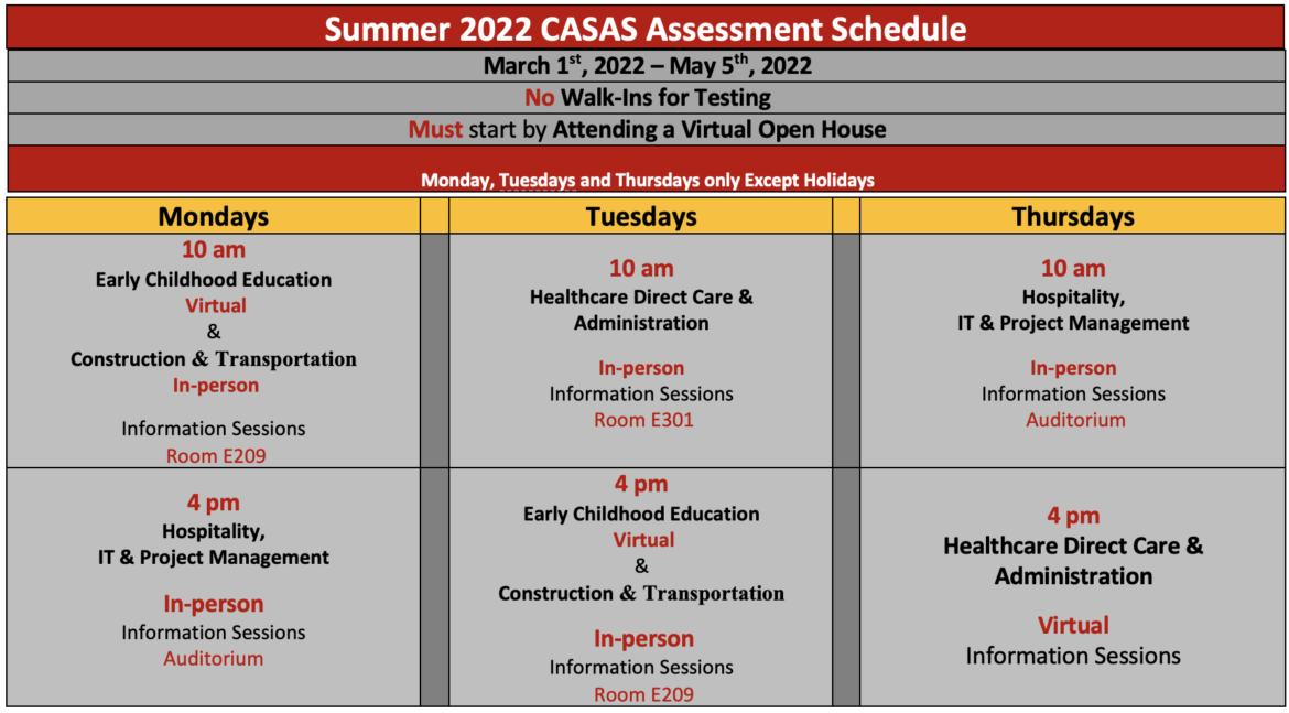 CASAS Assessment schedule
