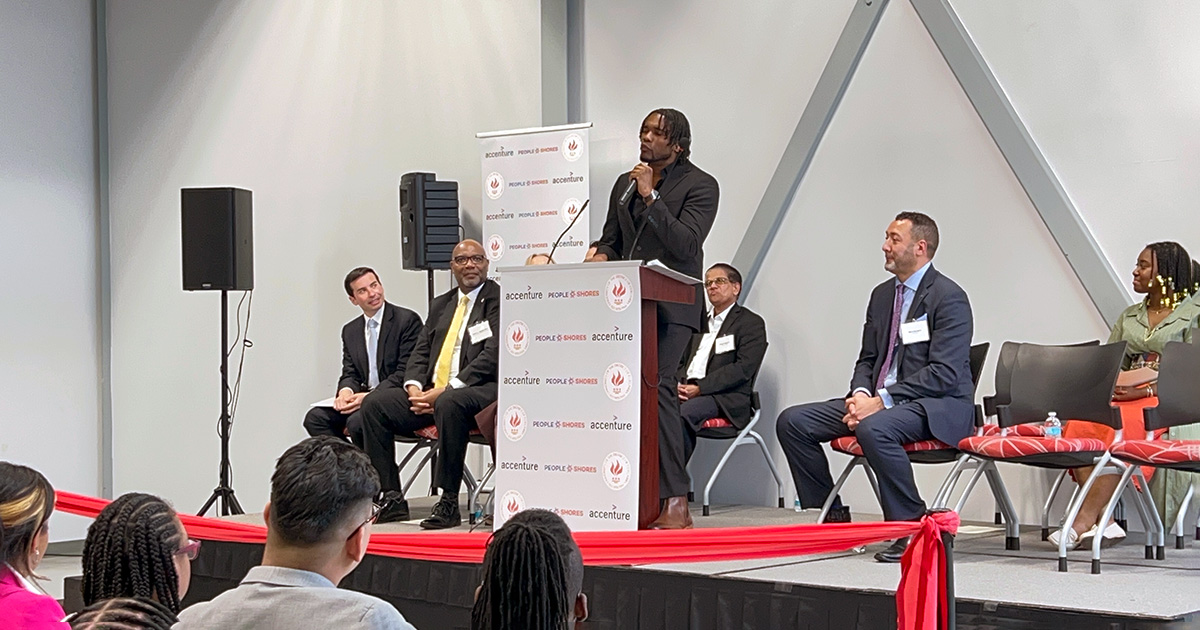 Cybersecurity apprentice Joshua Hawkins speaks at the launch of the Cybersecurity Tech Hub, located at UDC's Congress Heights campus.