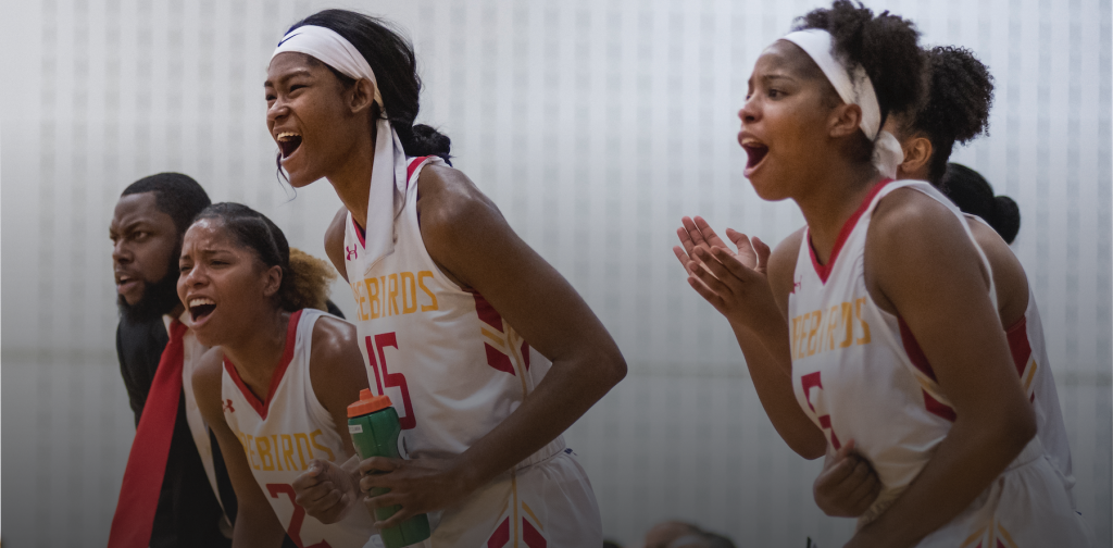 Womens' Basketball team cheering during game