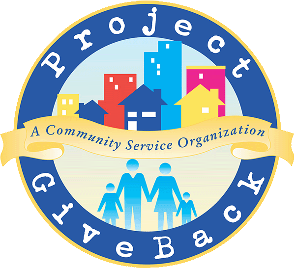 Colorful logo for Project GiveBack, a community service organization, featuring buildings and families.