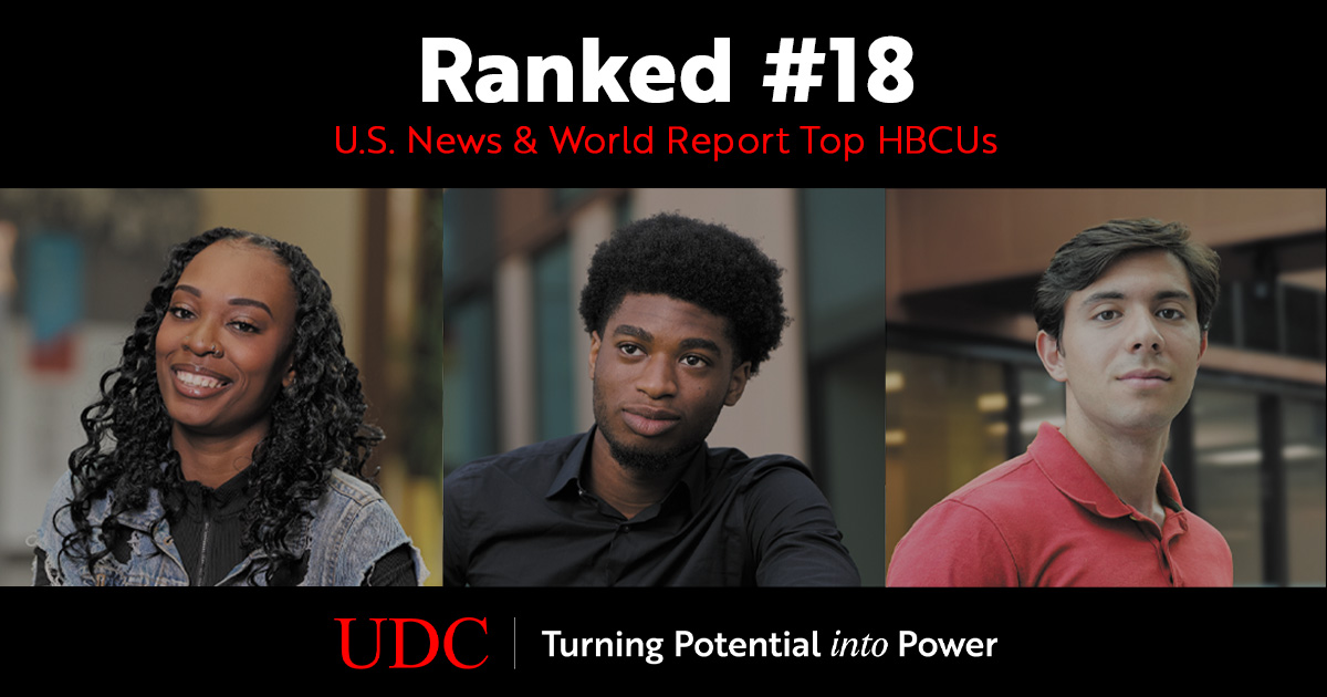 Photos of three UDC students smiling on a black background