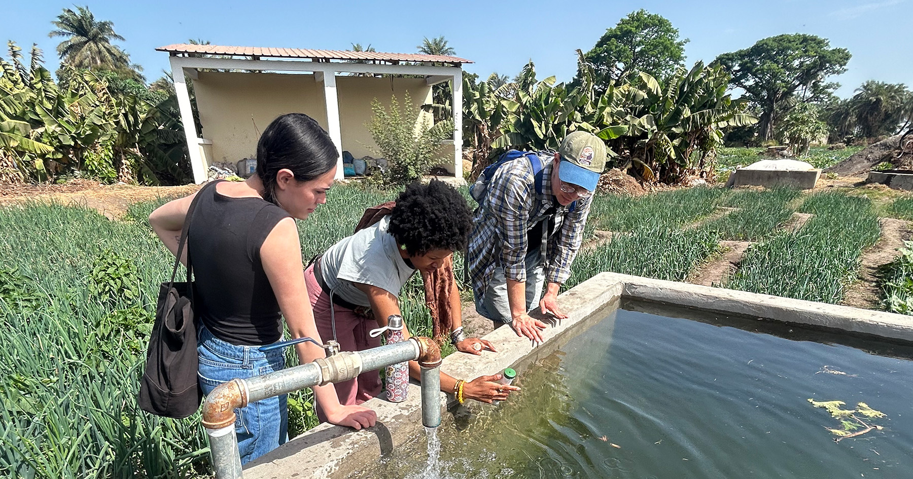 Three people lean over a concrete water tank beside farm fields, collecting a water sample near a pipe inlet.