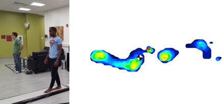 Student athlete standing on the Tekscan Forceplate Walkway (left) as center-of-pressure and force data is acquired (above)