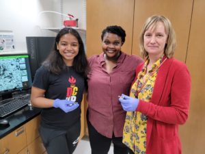 Dr. Klein in the Nanotechnology Lab with senior Andoniaina (Mariah) Randriambololona and Dr. Eva Mutunga.