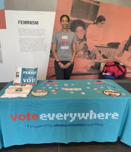 Morgan at early voting table