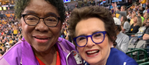 Bessie Stockard, professor of Health Science at UDC, with tennis legend Billie Jean King at the Women's Final Four during March Madness.