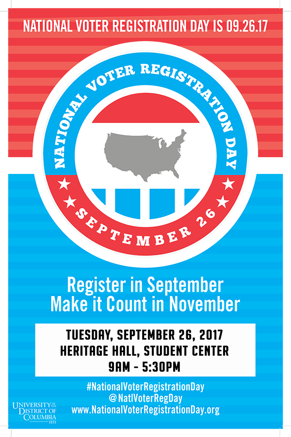 National Voter Registration Day - September 26, 2017 in Heritage Hall Student Center - 9am - 5:30pm