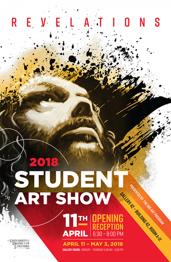 UDC Art Program is having the final exhibition for the year: "Revelations: 2018 Student Art Show." The opening reception is Wednesday, April 11th from 6:30 - 8:00 PM in Gallery 42, building 42, room A-12. The show will then run until May 3rd, with gallery hours being Monday - Thursday 11:00 AM - 6:00 PM.