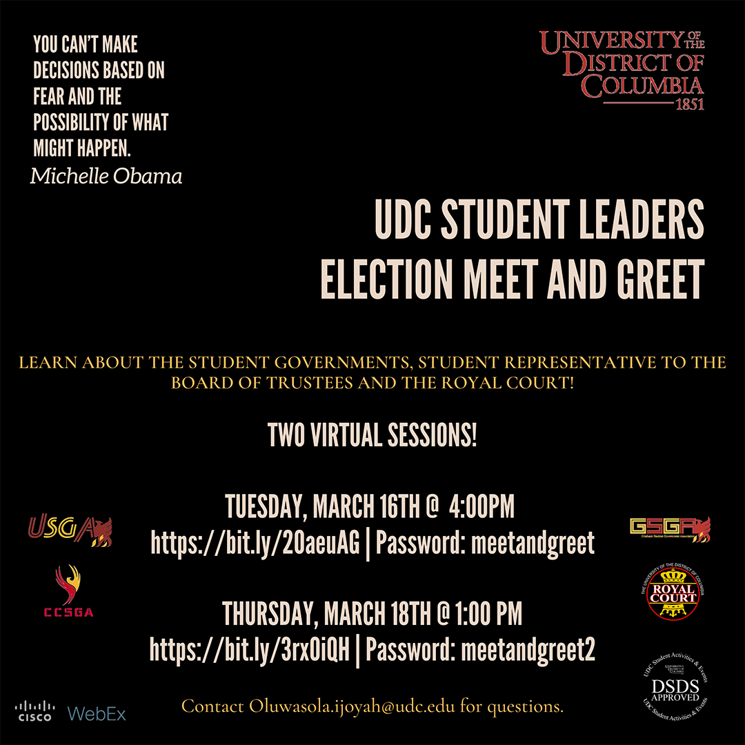 Attention Students:  UDC Student Leaders Election Meet & Greet – March 16th & March 18th