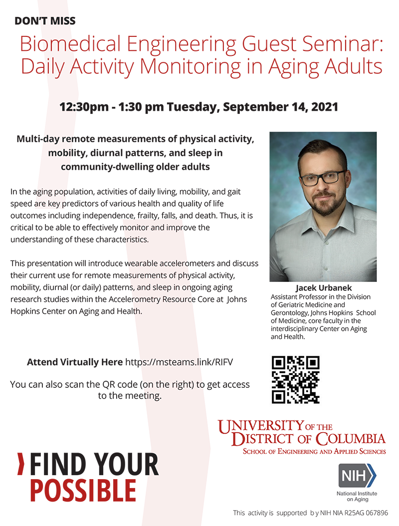 Biomedical Engineering Guest Seminar: Daily Activity Monitoring in Aging Adults (Tuesday, Sept. 14th, 12:30 -1:30pm)