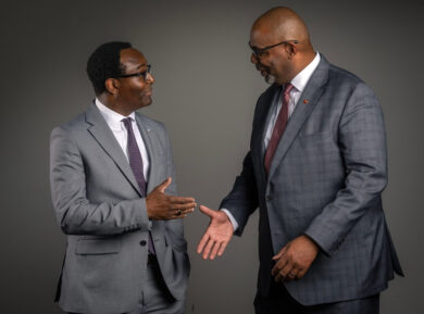 Ben Vinson III, left, incoming president of Howard University, and Maurice Edington, new president of the University of the District of Columbia, spoke together with the The Washington Post ahead of the new school year. (Bill O'Leary/The Washington Post)